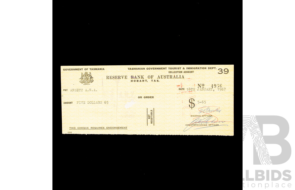Commonwealth Bank of Australia/Government of Tasmania Bank Cheques, 1950's -1960's with Tasmanian/Victorian Stamp Duty Stamps