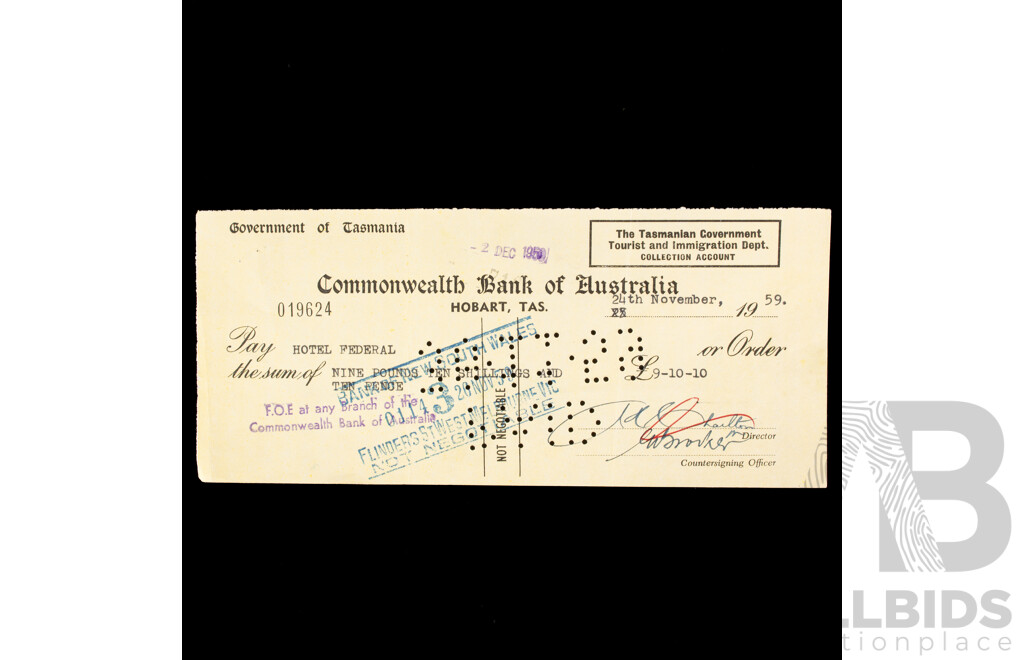 Commonwealth Bank of Australia/Government of Tasmania Bank Cheques, 1950's -1960's with Tasmanian/Victorian Stamp Duty Stamps