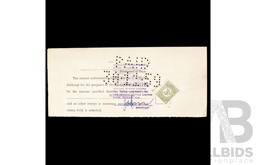 Commonwealth Bank of Australia/Government of Tasmania Bank Cheques, 1950's -1960's with Tasmanian/Victorian Stamp Duty Stamps