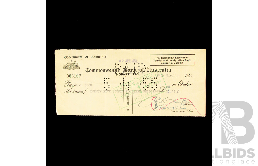 Commonwealth Bank of Australia/Government of Tasmania Bank Cheques, 1950's -1960's with Tasmanian/Victorian Stamp Duty Stamps