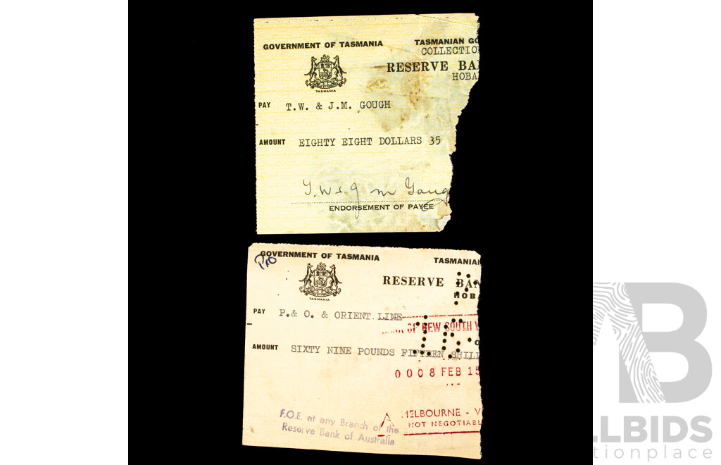 Commonwealth Bank of Australia/Government of Tasmania Bank Cheques, 1950's -1960's with Tasmanian/Victorian Stamp Duty Stamps