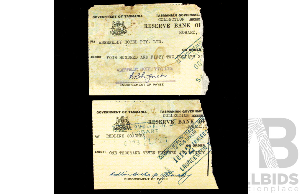 Commonwealth Bank of Australia/Government of Tasmania Bank Cheques, 1950's -1960's with Tasmanian/Victorian Stamp Duty Stamps