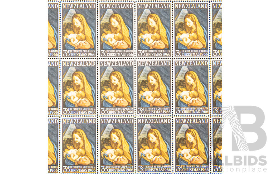 New Zealand 1966 Stamp Sheet, Threepence, 1966 Christmas - The Virgin with Child Maratta