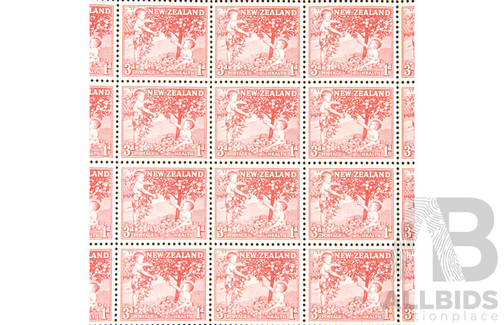 New Zealand 1956 Stamp Sheet, Health Series, Children Picking Apples, Threepence/One Penny