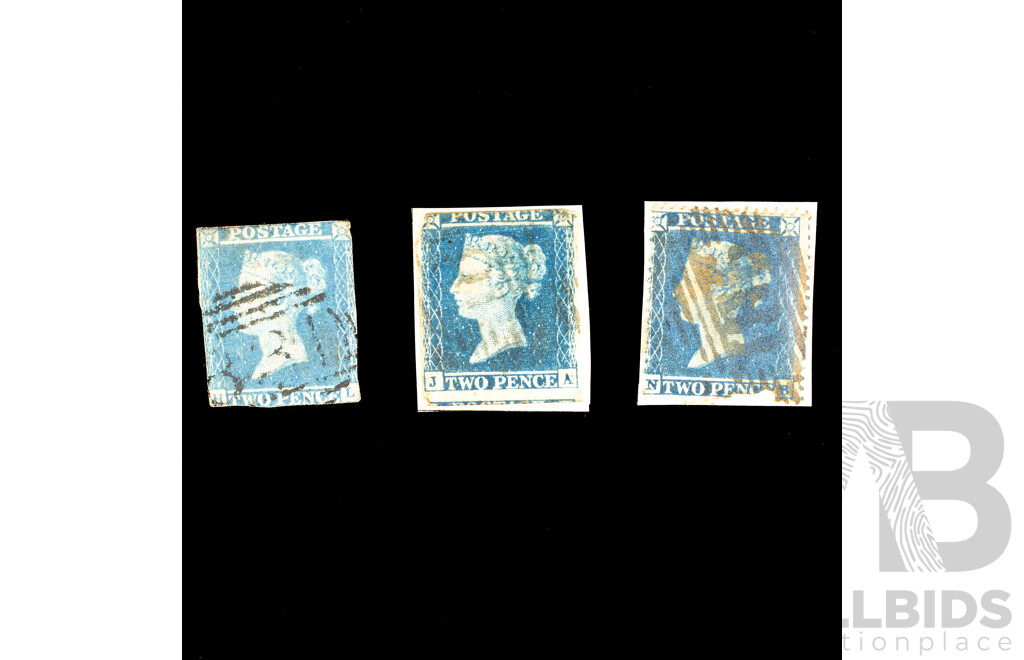 Three Great Britain 1840's QV Stamps 'Penny Blue' Including Imperf