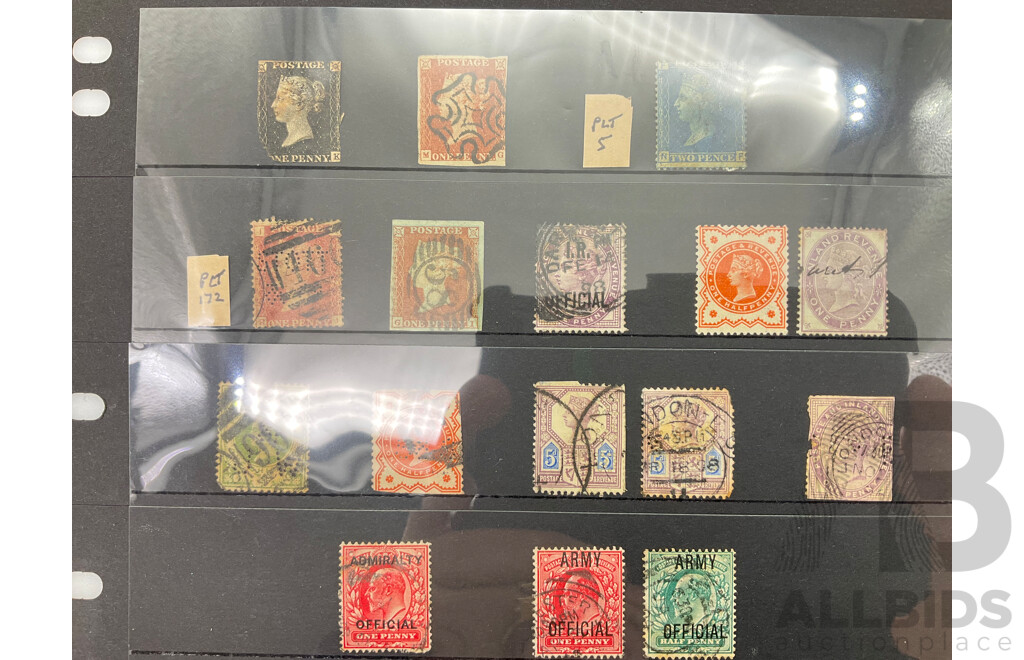 Rare Great Britain Stamps Including 1840's Penny Black, Red, Blue, Maltese Cross, QV Mint, KEVII Inverted Water Marks, KGV Mint, Over Prints Admiralty, Army Officials, Perfins QV to QE2