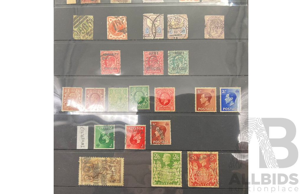 Rare Great Britain Stamps Including 1840's Penny Black, Red, Blue, Maltese Cross, QV Mint, KEVII Inverted Water Marks, KGV Mint, Over Prints Admiralty, Army Officials, Perfins QV to QE2