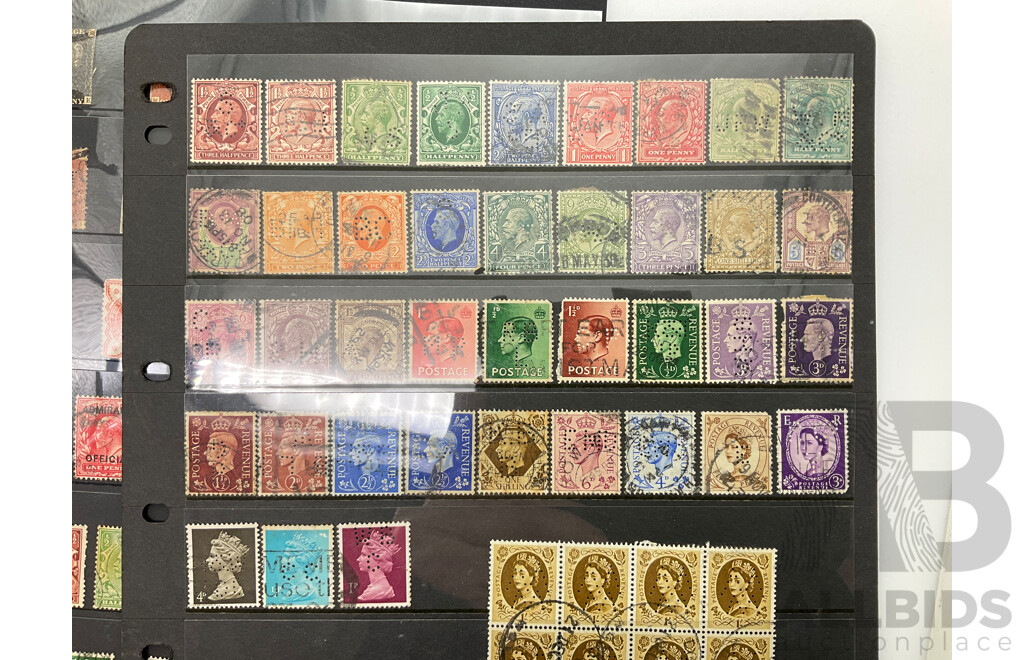 Rare Great Britain Stamps Including 1840's Penny Black, Red, Blue, Maltese Cross, QV Mint, KEVII Inverted Water Marks, KGV Mint, Over Prints Admiralty, Army Officials, Perfins QV to QE2