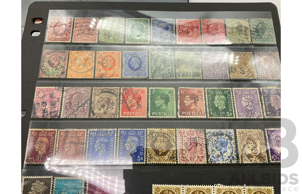 Rare Great Britain Stamps Including 1840's Penny Black, Red, Blue, Maltese Cross, QV Mint, KEVII Inverted Water Marks, KGV Mint, Over Prints Admiralty, Army Officials, Perfins QV to QE2