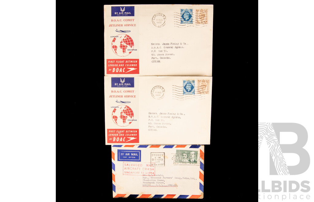Salvaged Mail Aircraft Crash Singapore 13.3.1954(Stamped) Sydney-London Royal Visit Cancel with Two B.O.A.C First Flight London to Colombo Covers