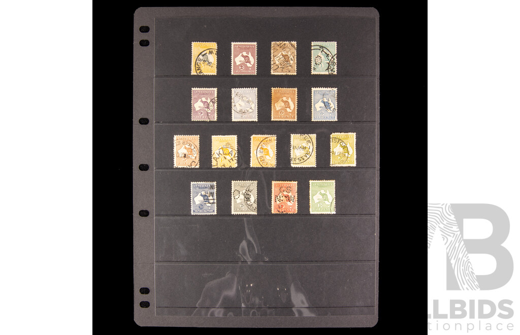 Australian Kangaroo on Map Stamps, Colour Variants, Official Service Perfins, Half Penny to Five Shillings