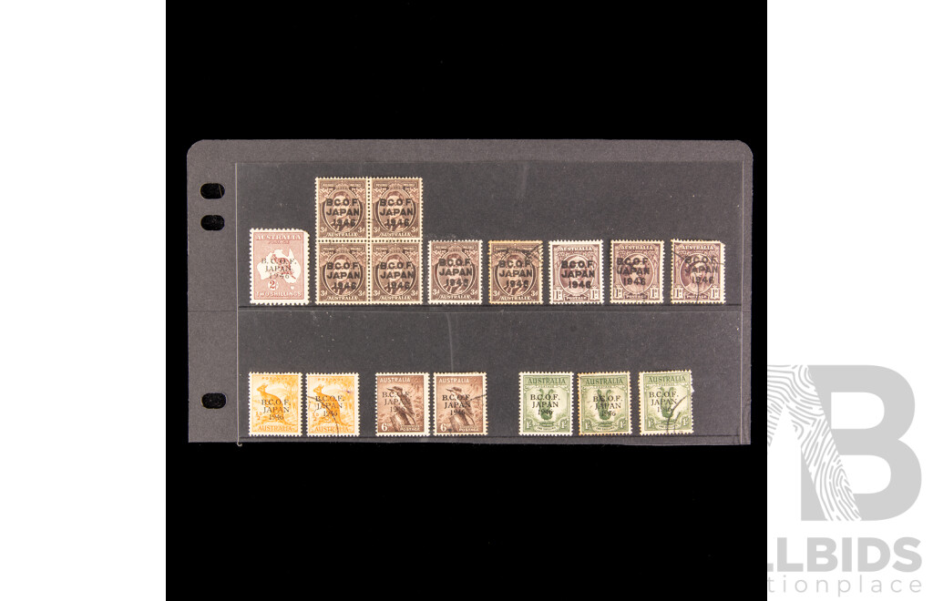 Australian 1946 British Commonwealth Occupation Force Japan Stamps Including Kangaroo on Map Example, Block, Mint/Hinged, Cancelled, One Penny to Two Shillings