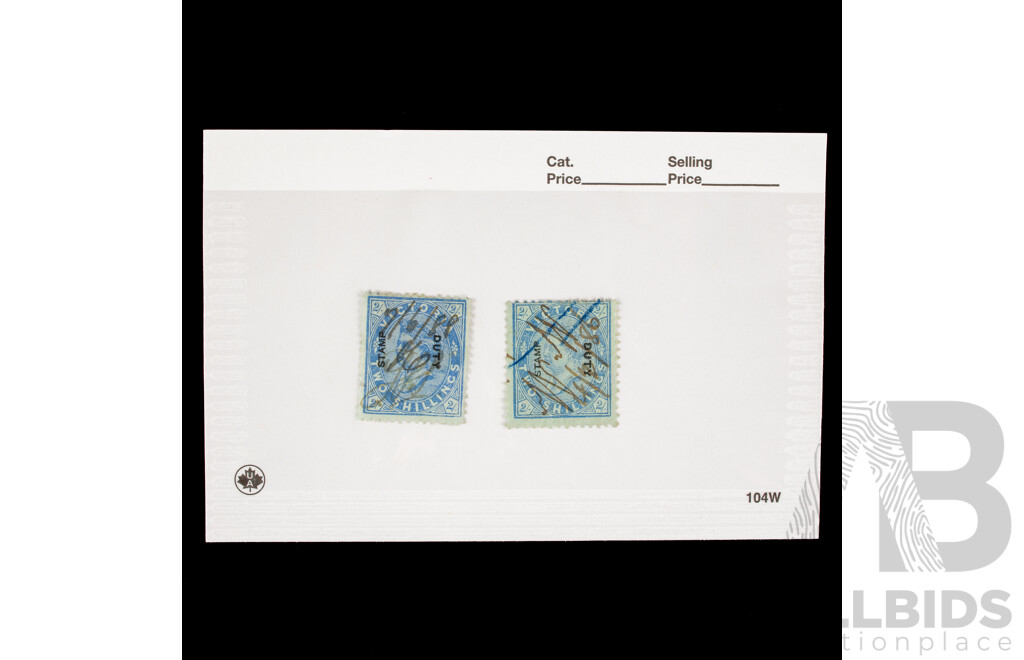 Two Australian Victoria QV Stamp Duty Over Print Stamps, Two Shillings, Ultramarine/Green, Hand Cancel