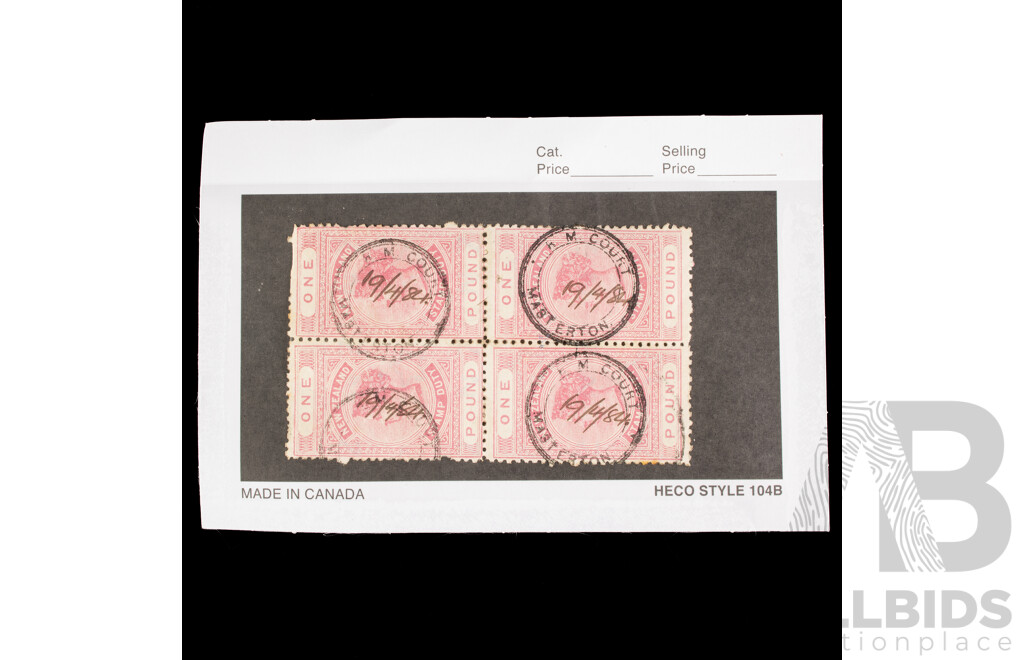 New Zealand 1882 QV One Pound Stamp Block, Rose Postal Fiscal, Masteron 'M' Court Postmark