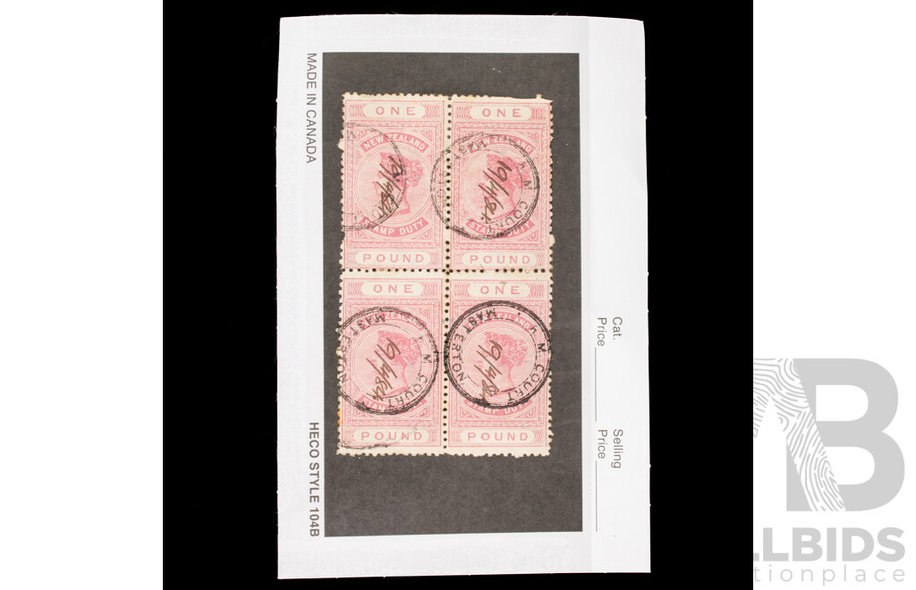 New Zealand 1882 QV One Pound Stamp Block, Rose Postal Fiscal, Masteron 'M' Court Postmark