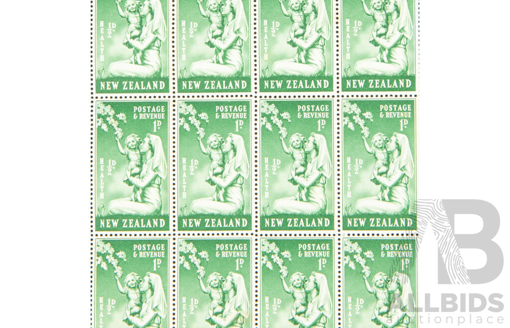 New Zealand 1949 Stamp Sheet, Health Series, Green Nurse