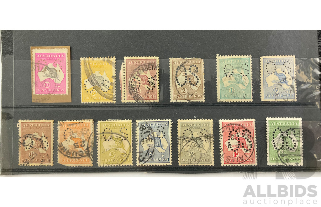 Collection of Australian Kangaroo on Map Stamps, Official Service Perfins, Half Penny to Ten Shilling