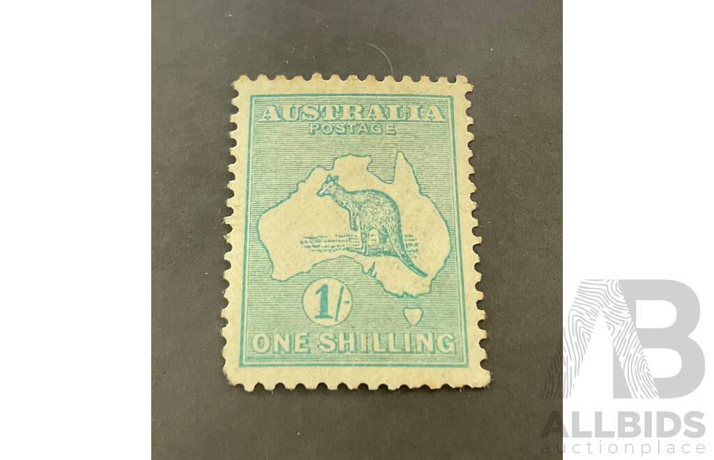 Australian 1916 Kangaroo on Map Stamp, Mint, One Shilling, Third Watermark