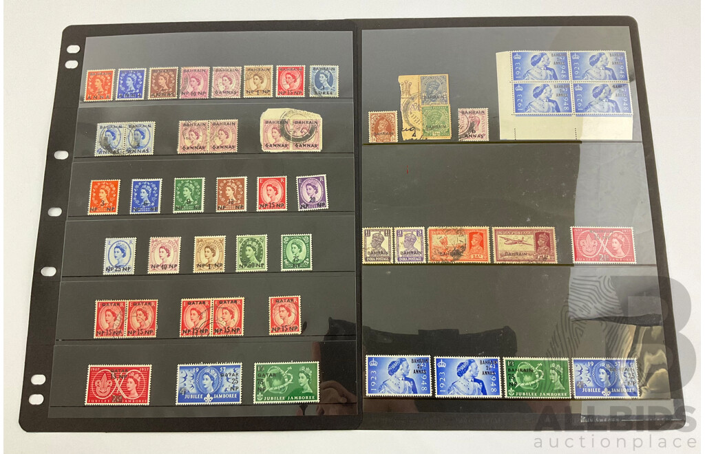Collection of Great Britain Foreign Agencies Stamps Including Bahrain and Qatar, Mint/Hinged, KGV, KGVI, QE2, Over Prints, Pairs, Corner Sheet Bock of Four