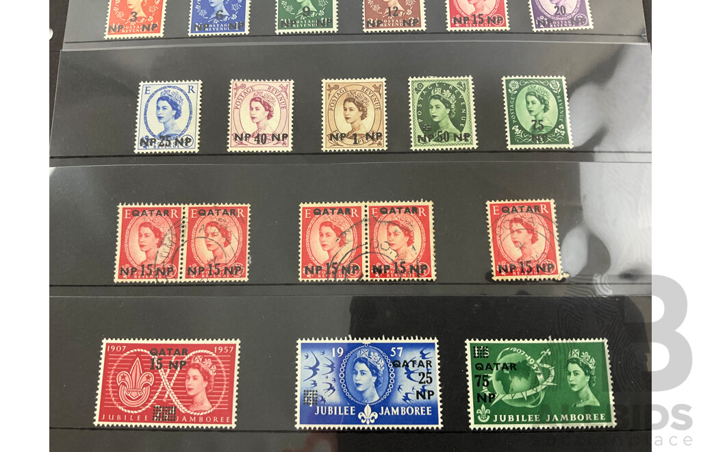 Collection of Great Britain Foreign Agencies Stamps Including Bahrain and Qatar, Mint/Hinged, KGV, KGVI, QE2, Over Prints, Pairs, Corner Sheet Bock of Four