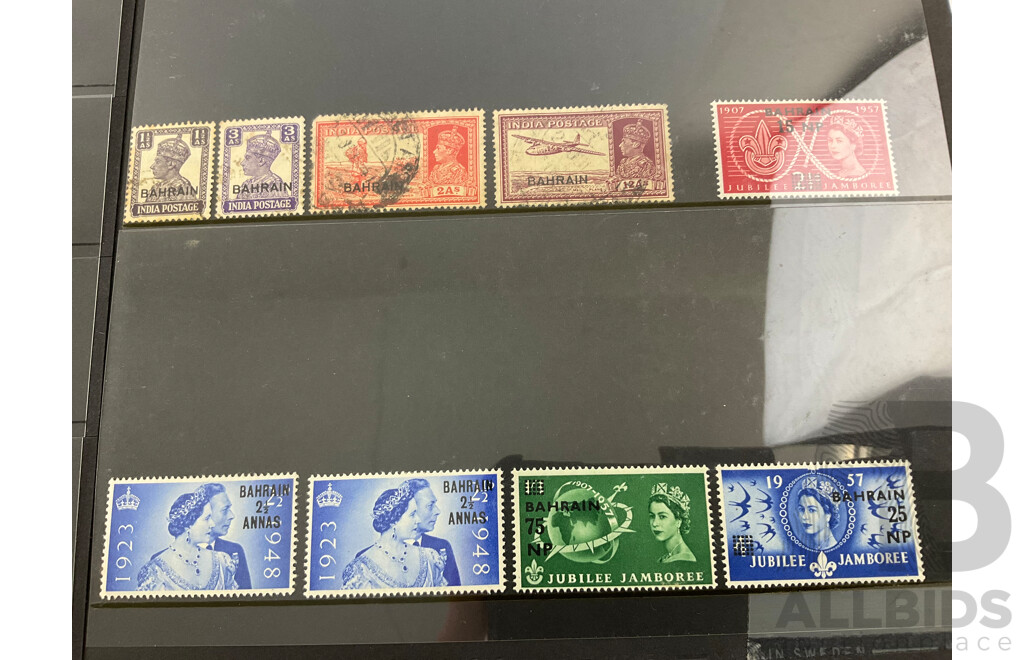 Collection of Great Britain Foreign Agencies Stamps Including Bahrain and Qatar, Mint/Hinged, KGV, KGVI, QE2, Over Prints, Pairs, Corner Sheet Bock of Four