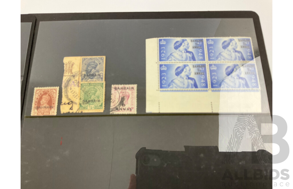 Collection of Great Britain Foreign Agencies Stamps Including Bahrain and Qatar, Mint/Hinged, KGV, KGVI, QE2, Over Prints, Pairs, Corner Sheet Bock of Four