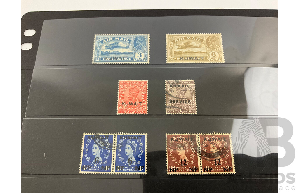 Collection of Great Britain Foreign Agency Stamps - Kuwait, Mint/Hinged, KGV, KGVI, QE2, Over Prints, Pairs, Corner Sheet Bock of Four