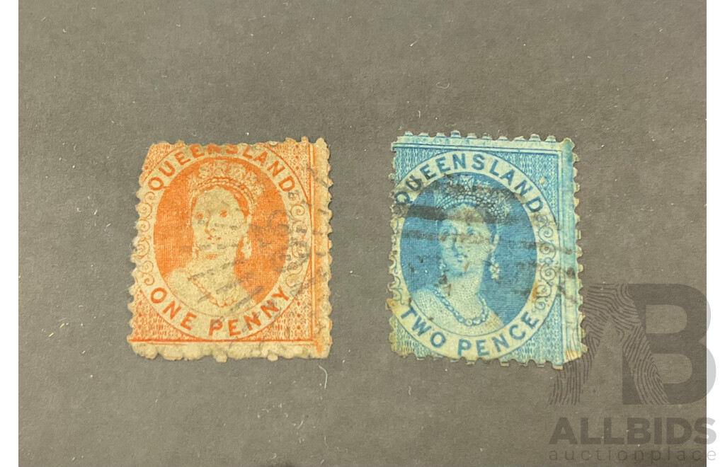 Australian Queensland 1860's QV Chalon Stamps, One and Two Penny