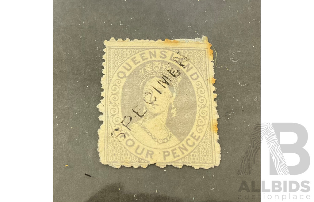 Australian Queensland 1860's QV Chalon Stamp, Grey Slate Specimen, Four Penny, Error Double Impression