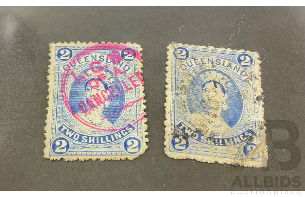 Australian Queensland 1882 QV Large Chalon Stamps, Two Shillings, Pink Cancel