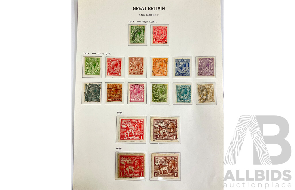 Great Britain 1913-1925 KGV Stamp Collection, 1913 Royal Cypher, Crown GvR Watermarks, Complete Set