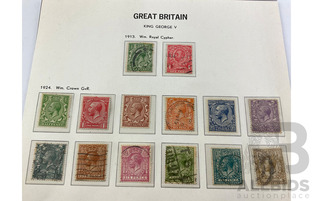 Great Britain 1913-1925 KGV Stamp Collection, 1913 Royal Cypher, Crown GvR Watermarks, Complete Set