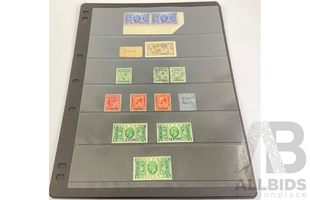Great Britain Foreign Agencies Morocco Stamp Collection, KGV, KEVII, KGVI, QE2, Some Mint/Hinged, Red Overprints, Three Francs to Half Crown