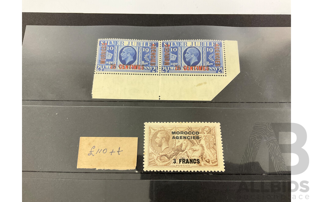 Great Britain Foreign Agencies Morocco Stamp Collection, KGV, KEVII, KGVI, QE2, Some Mint/Hinged, Red Overprints, Three Francs to Half Crown