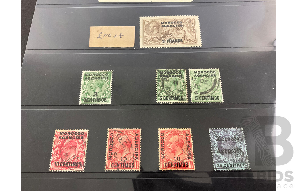 Great Britain Foreign Agencies Morocco Stamp Collection, KGV, KEVII, KGVI, QE2, Some Mint/Hinged, Red Overprints, Three Francs to Half Crown