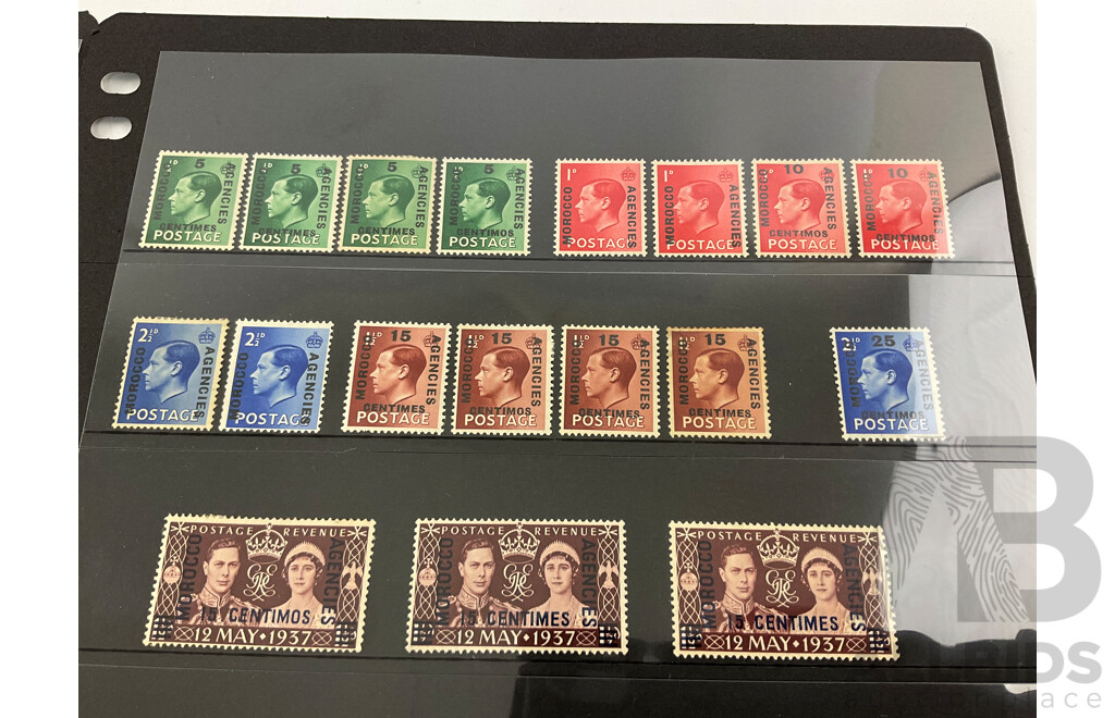 Great Britain Foreign Agencies Morocco Stamp Collection, KGV, KEVII, KGVI, QE2, Some Mint/Hinged, Red Overprints, Three Francs to Half Crown