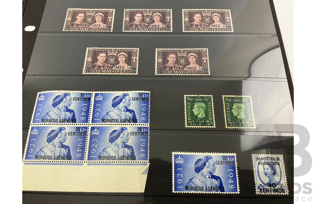 Great Britain Foreign Agencies Morocco Stamp Collection, KGV, KEVII, KGVI, QE2, Some Mint/Hinged, Red Overprints, Three Francs to Half Crown