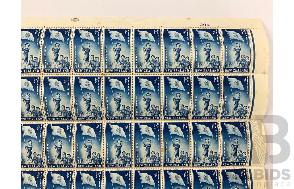 New Zealand 1953 Stamp Sheet, Health Series, One and a Half/Half Penny