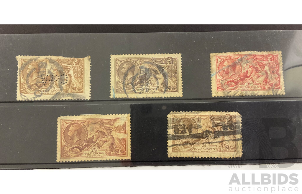 Ireland/Great Britain 1913-1922 Stamps, KGV Half Crown/Five Shilling Sea Horses, One Perfin, Sepia and Chocolate, Blue Grey Cancel