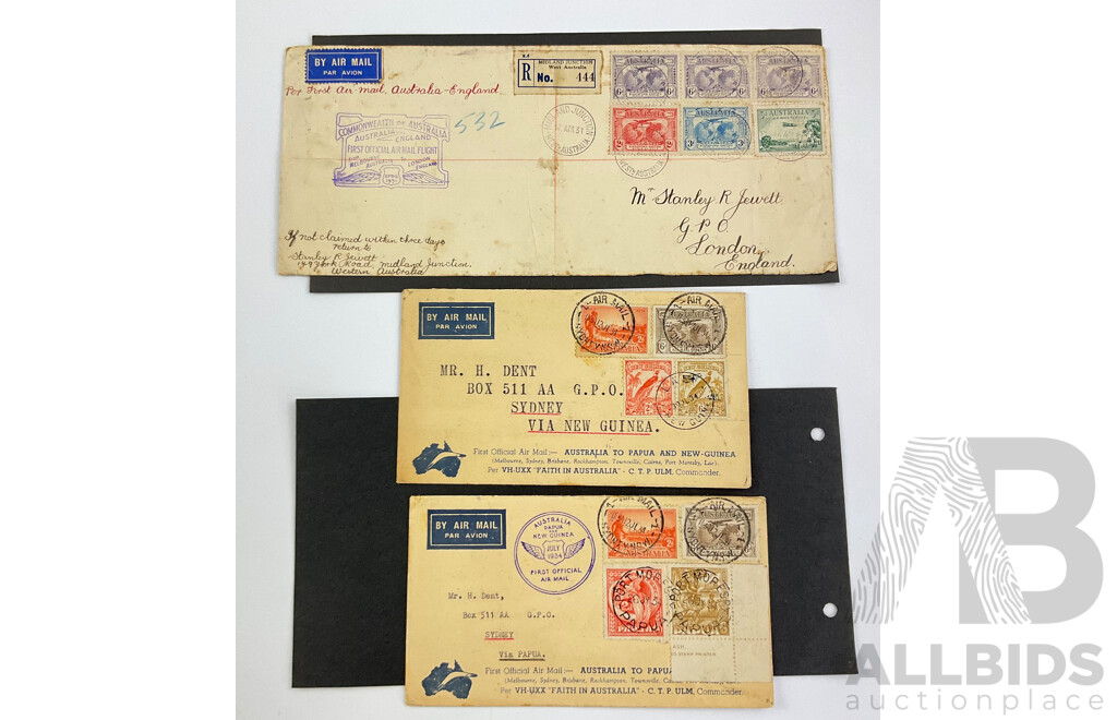 Australian Predecimal Covers Including 1931 First Airmail Australia to England, 1934 First Airmail to PNG