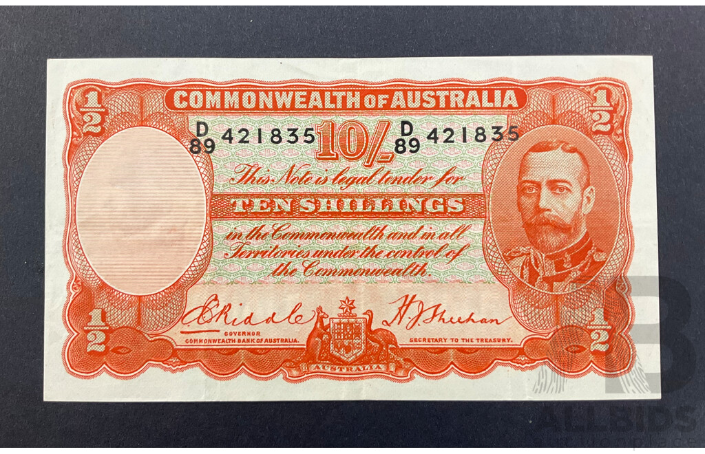 Australian 1936 Ten Shilling Note Riddle/Sheehan D89 421835, R11 High Grade