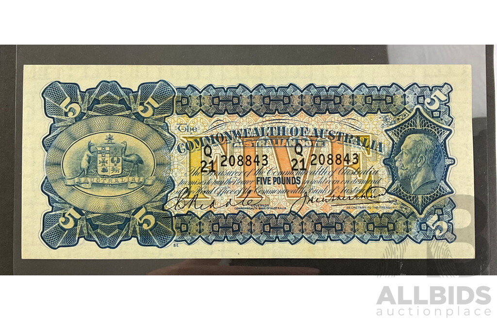 Rare Australian 1927 Five Pound Note, Riddle/heathershaw R42, Q21 208843, Crisp