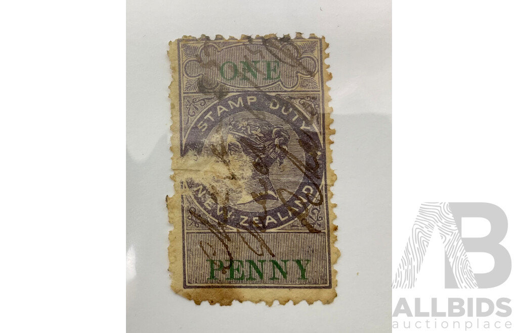 New Zealand 1867 Stamp Duty, One Penny Perforated Die 1, Slate/Green