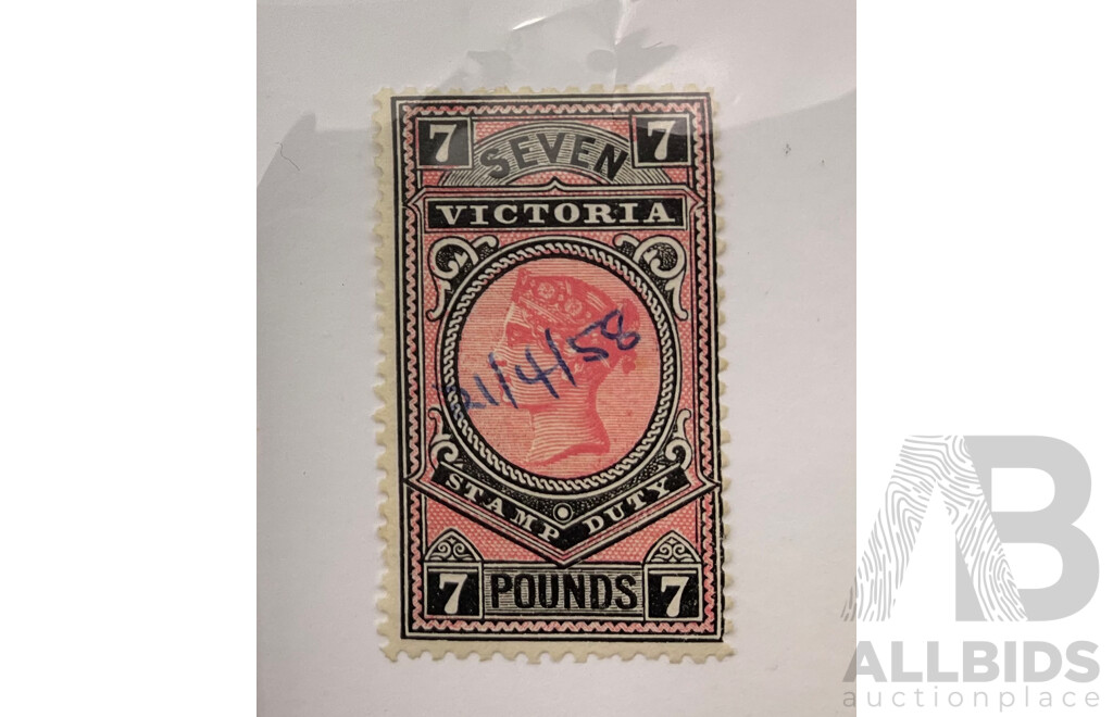 Australian Victoria 1886-1896 Stamp Duty, Seven Pounds, Rosine and Black