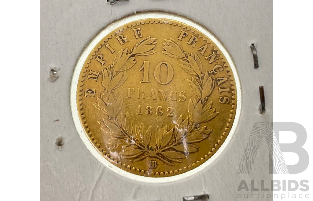 France 1862 Gold Ten Francs Coin, Napoleon III, Strasbourg Mint .900