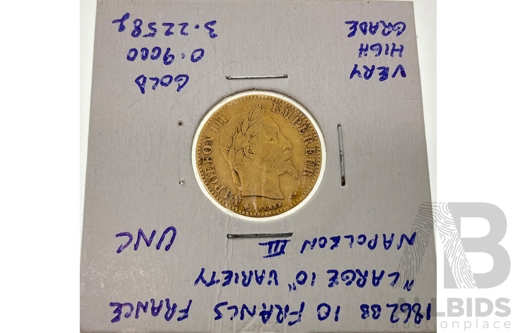 France 1862 Gold Ten Francs Coin, Napoleon III, Strasbourg Mint .900