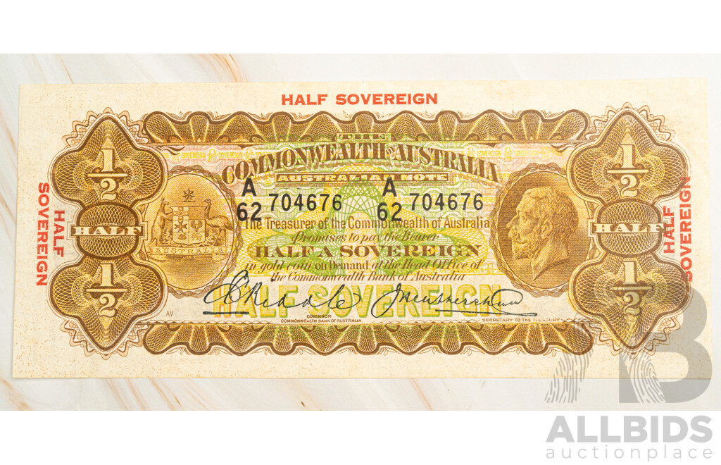 Australian 1928 Half Sovereign Note, Riddle/Heathershaw R07, A62 704676, High Grade