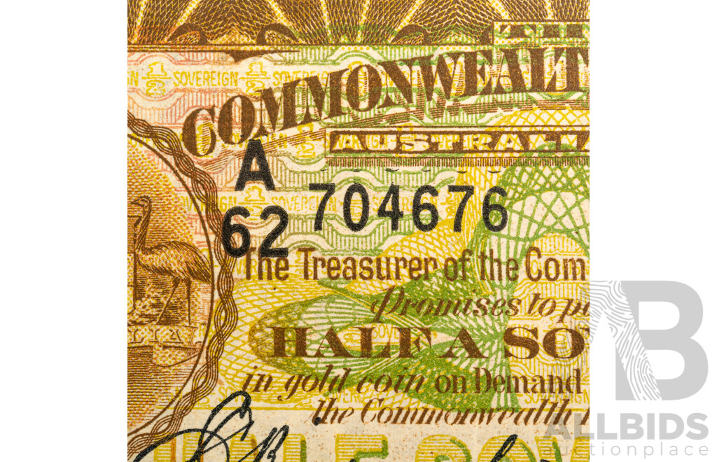 Australian 1928 Half Sovereign Note, Riddle/Heathershaw R07, A62 704676, High Grade