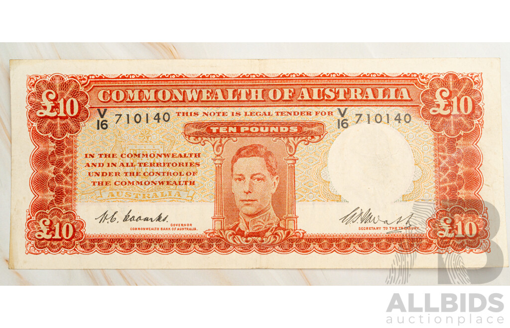 Australian 1949 Ten Pound Note, Coombs/Watt R60, V16 710140, High Grade