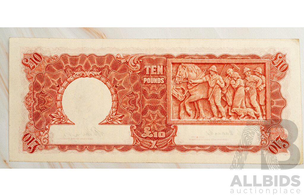 Australian 1949 Ten Pound Note, Coombs/Watt R60, V16 710140, High Grade
